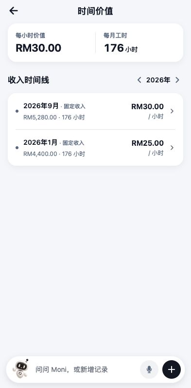 App 时间价值页面，示例收入